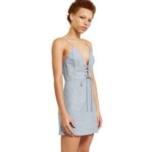 Callipygian Chambray Lace-Up Spaghetti Strap Dress